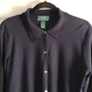 Silk Polo Cardigan Vintage Lauren Ralph Lauren • Spun Silk Navy Sweater Large 10